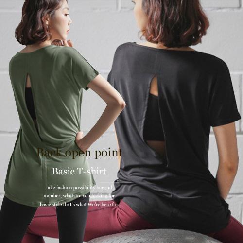 ヨガ ヨガウェア トップス ロング丈 レディース【バックオープンベーシックTシャツ】E2368 体型カバー フィットネスウェア スポーツウェア ホットヨガ | 