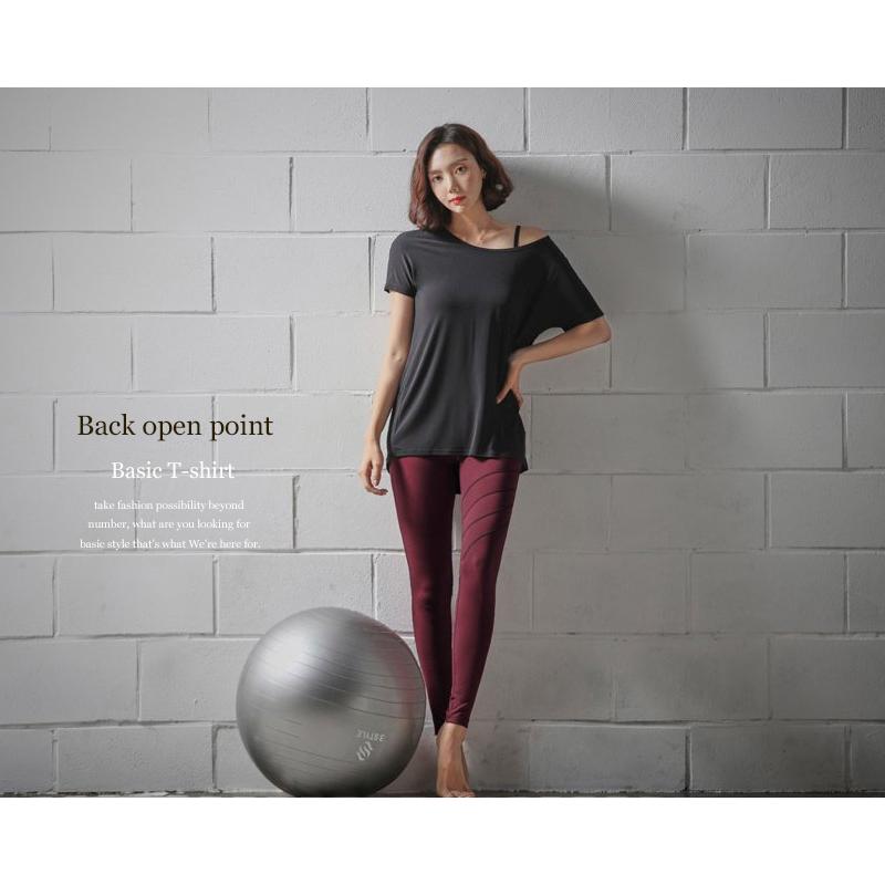 ヨガ ヨガウェア トップス ロング丈 レディース【バックオープンベーシックTシャツ】E2368 体型カバー フィットネスウェア スポーツウェア ホットヨガ |  | 05