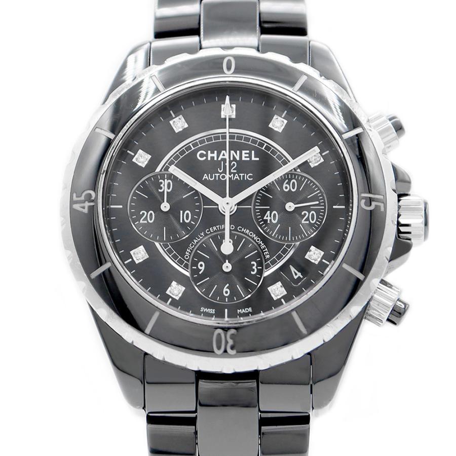 CHANEL シャネル J12 クロノグラフ H2419 9Pダイヤ 純正ダイヤモンド 200m防水 黒 ブラック CE セラミック メンズ 自動巻き【6ヶ月保証】【腕時計】【中古】 19827688 CHANEL（シャネル） J12 クロノグラフ H2419 9Pダイヤ 純正