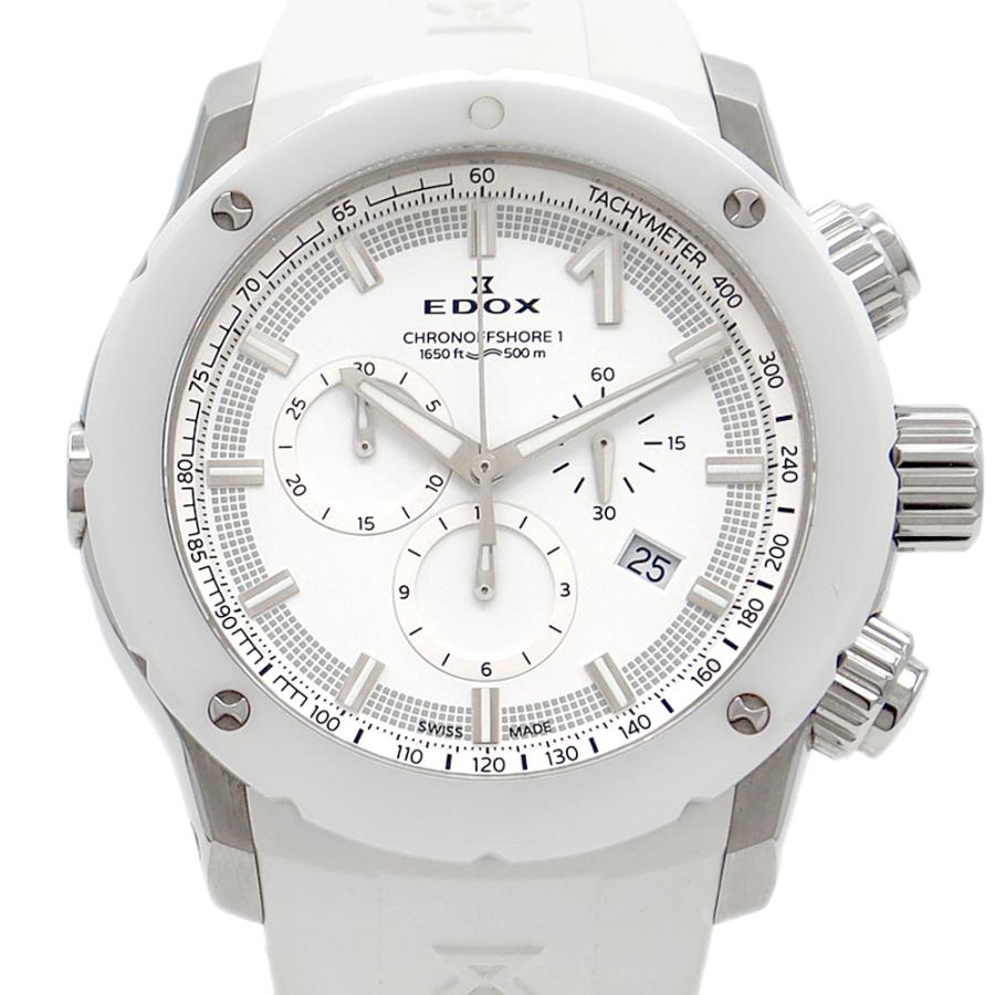 電池交換済 EDOX エドックス クロノオフショア1 クロノグラフ 10221 500m防水 デイト 白 ホワイト SS ステンレス CE セラミック 純正ベルト 純正尾錠 メンズ クォーツ【6ヶ月保証】【腕時計】【中古】 EDOX（エドックス） 電池交換済 クロノオフショア1 クロノグラフ 10221