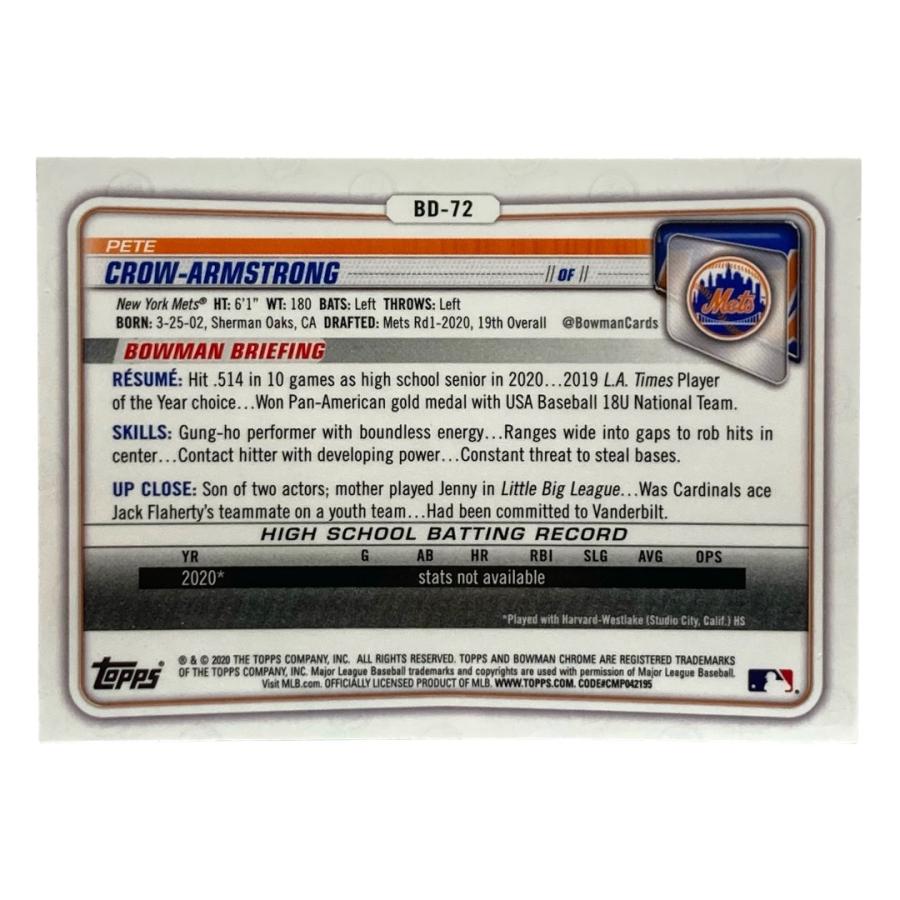 TOPPS MLBカード BOWMAN CHROME PETE CROW-ARMSTRONG METS #BD-72 送料無料 中古 IT2 TOPPS MLBカード BOWMAN CHROME PETE CROW-ARMSTRONG METS #BD