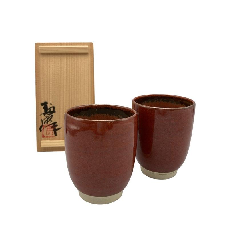 木村盛康 柿天目 夫婦湯呑 京焼 中古 送料無料 D4 : 京都リサイクル