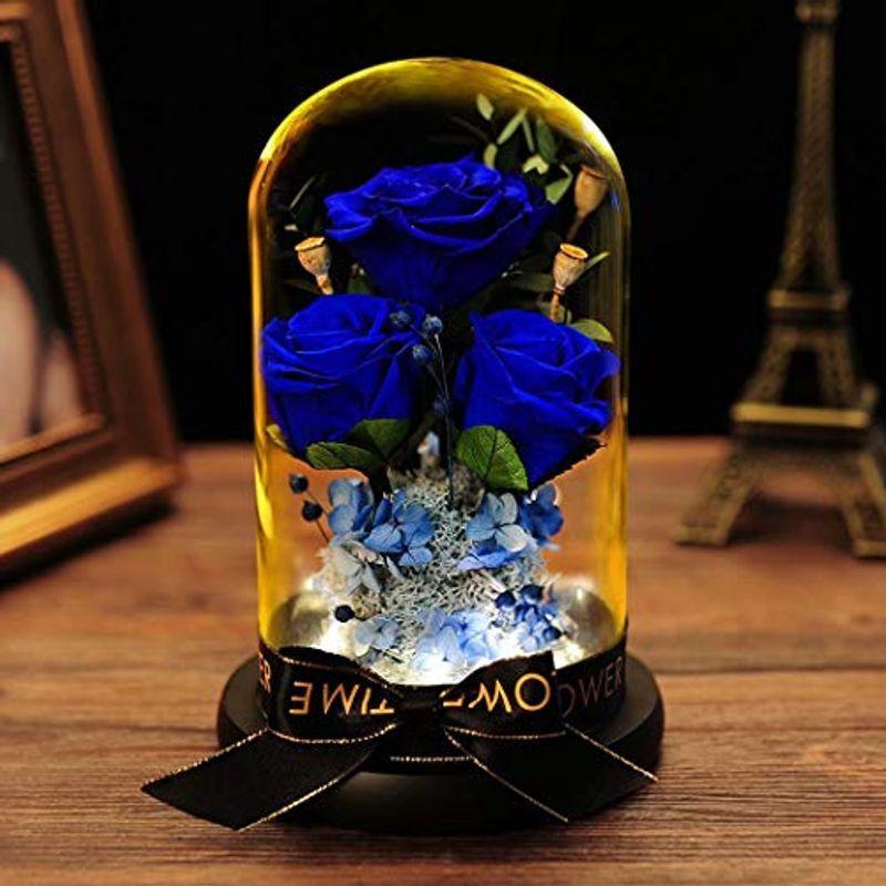 可愛い プリザーブドフラワー バラ ブルー ローズ 薔薇 花 ガラスドーム Ledライト付き 木製ベース ブリザードフラワー ロマンティック 大量入荷