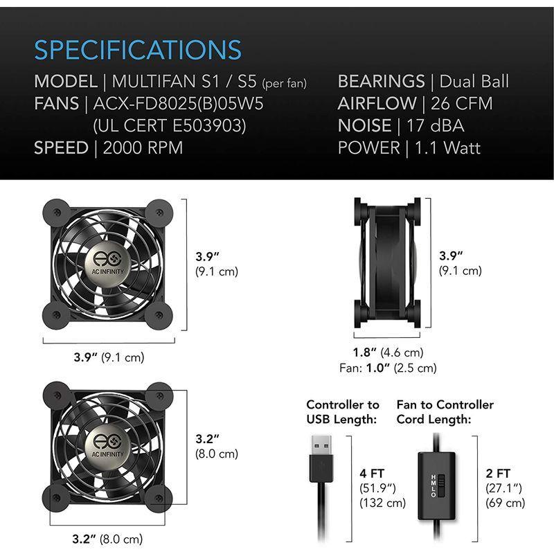定番の冬ギフト AC Infinity MULTIFAN S5 静音 2台1組 80mm USB Fan 冷却ファン UL認定済み 受信機 DVR  プレイス mfpa.com.sg