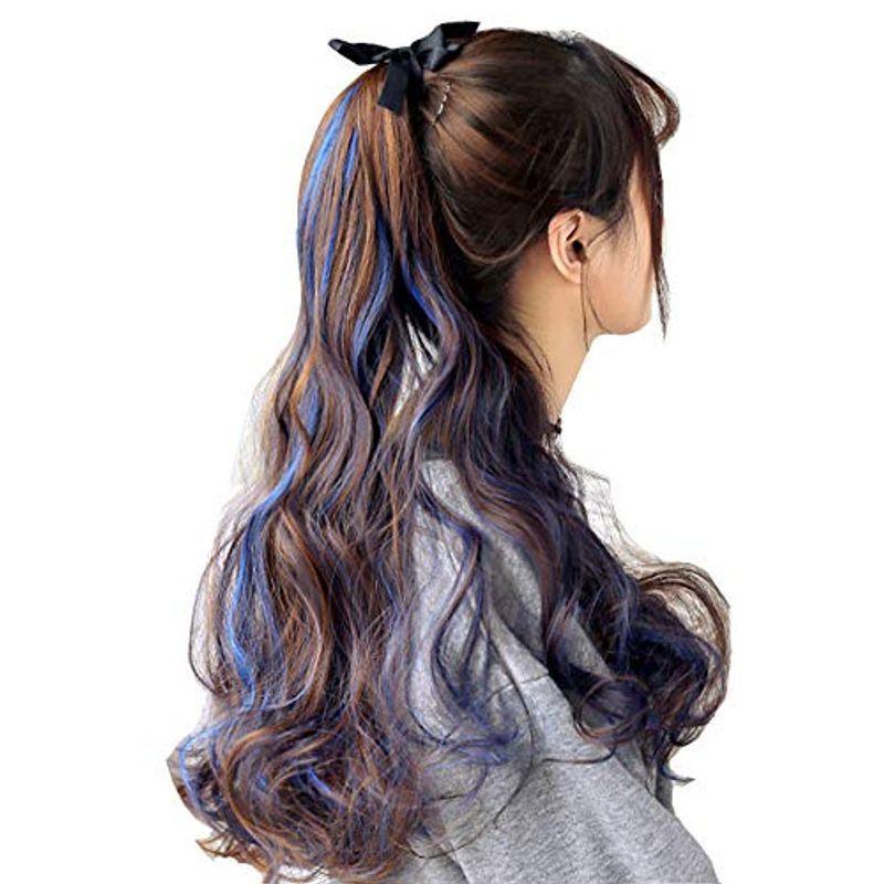 NICEHAIR ポニーテール ウィッグ グラデーションカラー エクステ ロング ふわふわ巻き髪 耐熱 9色選び つけ毛 (ブラック+ブルー