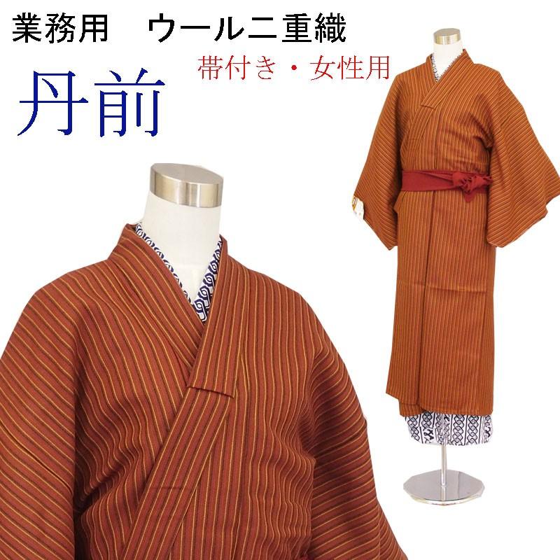 ウール丹前 二重織 旅館ホテル仕様 女性用 No.7エンジ縞 帯付き : 旅館 