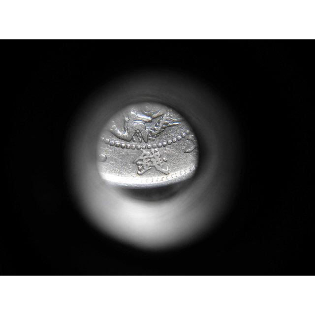 旭日竜20銭銀貨・明治4年後期 明瞭縦ウロコ 欠銭 : 緑地コイン