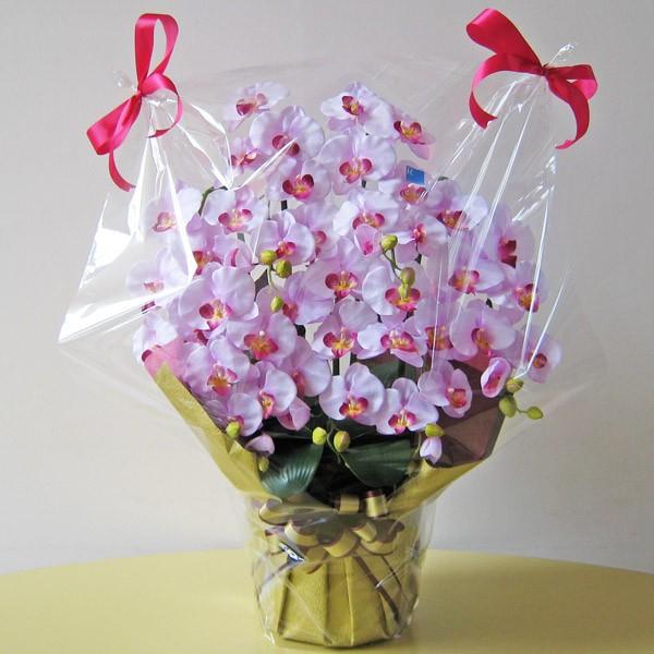 光触媒 胡蝶蘭 造花 7本立て ラベンダー 高級和紙・ダブルボー型リボンラッピング　スタイリッシュ鉢使用　送料無料