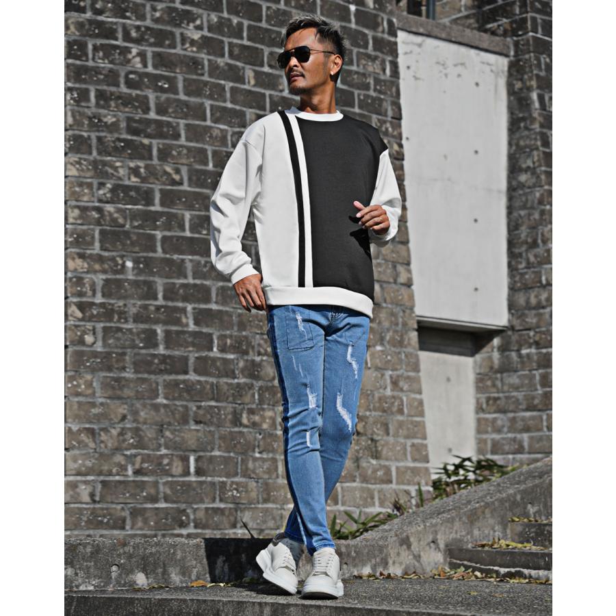 【新品】リメイク スウェット トレーナー メンズ ストライプ 異素材 ストリート 新品】リメイク スウェット トレーナー メンズ ストライプ 異