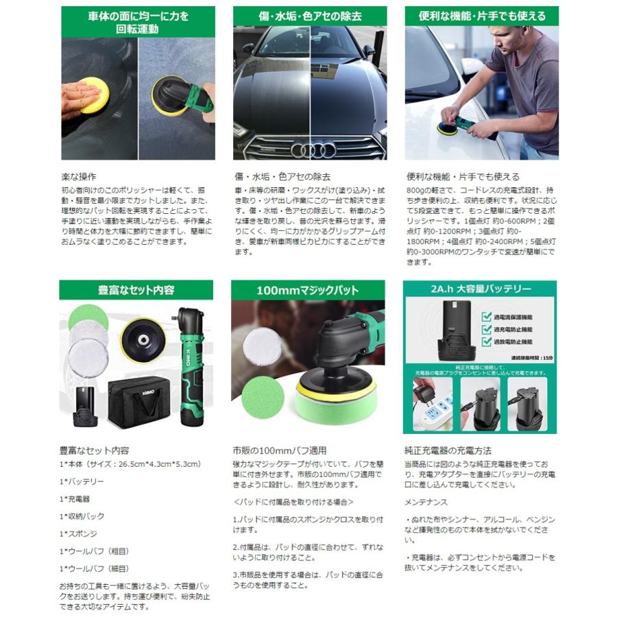 大人気のKIMO 充電式ポリッシャー コードレス 車用 12V LEDライト 電動