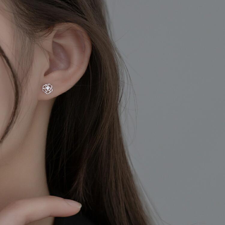 バラモチーフの一粒ストーンピアス シルバー925 ピアス 薔薇 ローズ