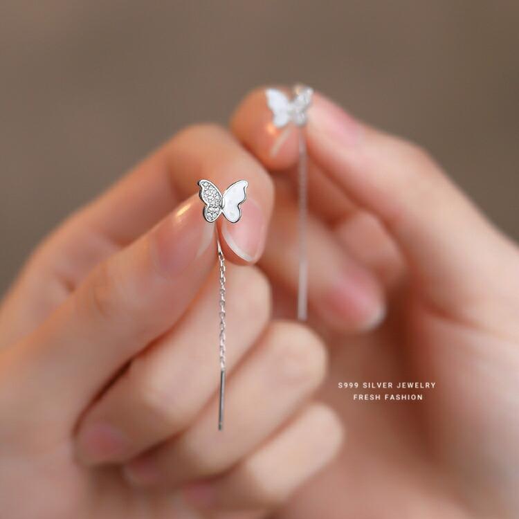 蝶々のチェーンピアス シルバー999 ピアス シルバー ゴールド チェーン