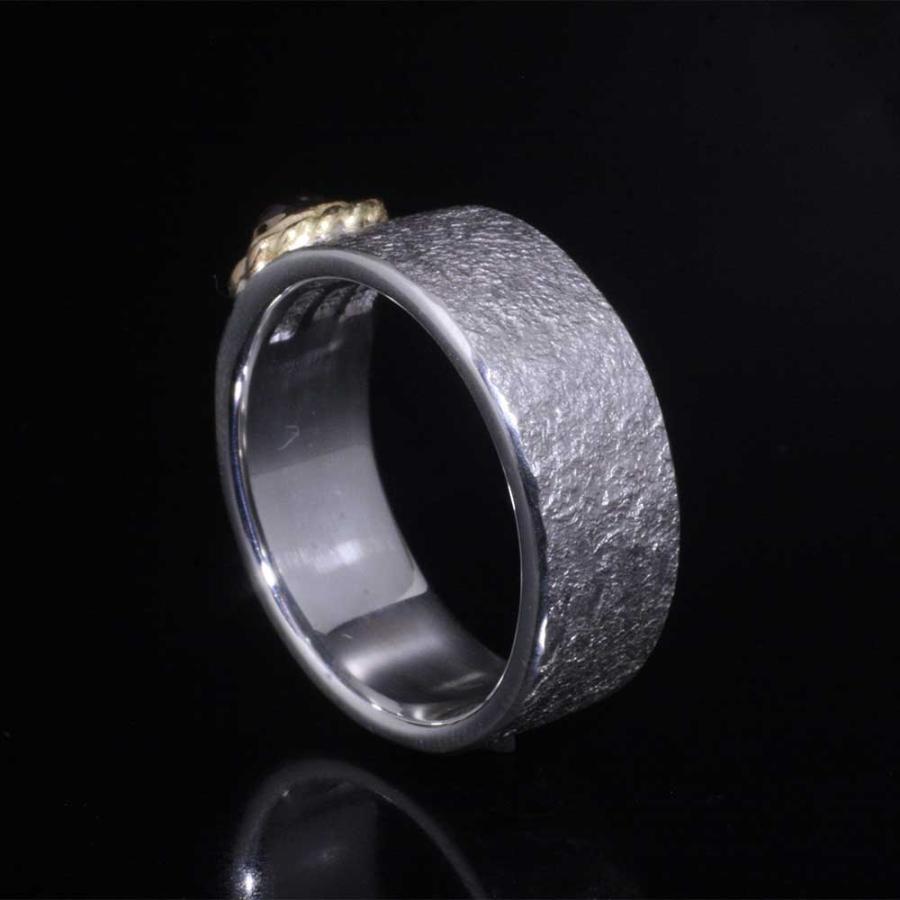 指輪 メンズ シルバーリング K18 シンプル 龍頭 岩石 鎚目 リング 金縄