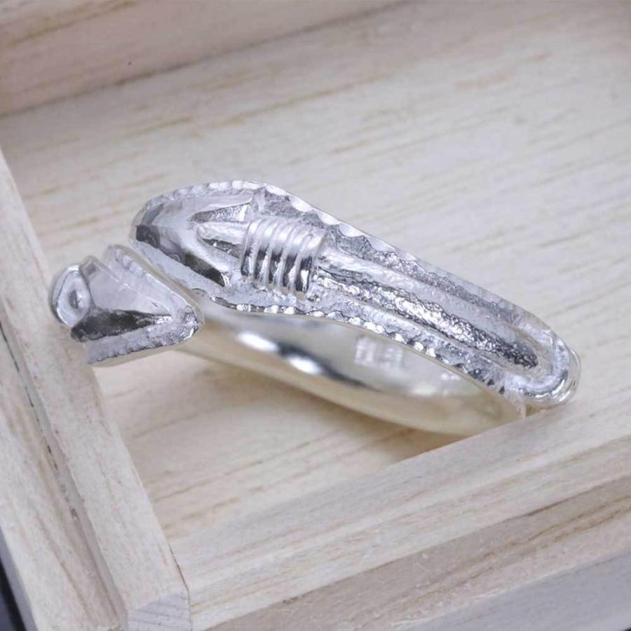 指輪 メンズ 龍頭 生 弓矢 菊紋 リング 白仕上げ 矢 K18 シルバー