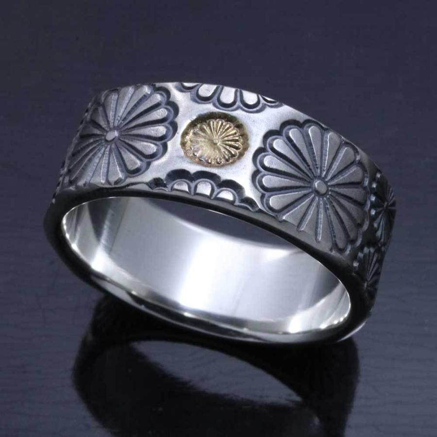 指輪 メンズ 龍頭 百花繚 乱菊 平打ち シルバーリング 8mm幅 K18