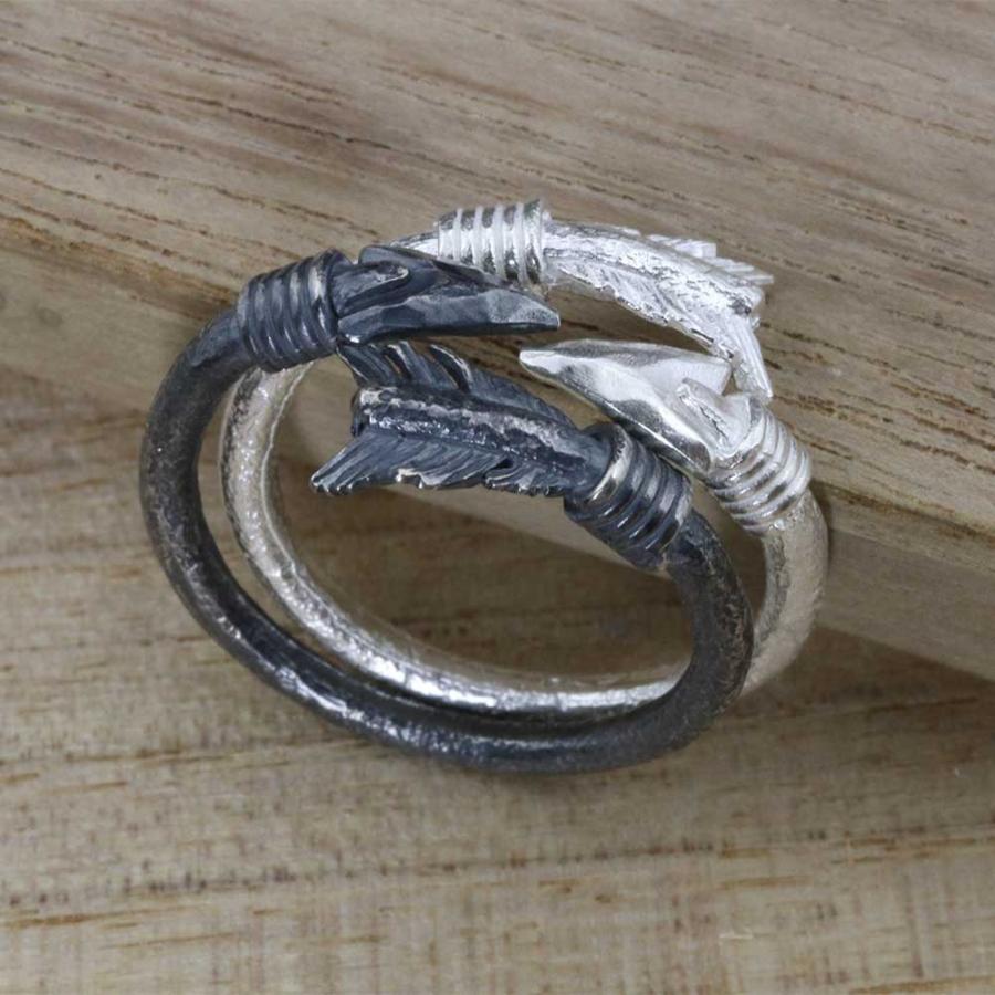 指輪 メンズ 龍頭 生矢 リング 2連 白/燻し仕上げ 重ね付け 矢 シルバー ブランド 和柄 矢尻 親指 人差指 中指 シルバーリング ピンキーリング 13号〜23号 |  | 01