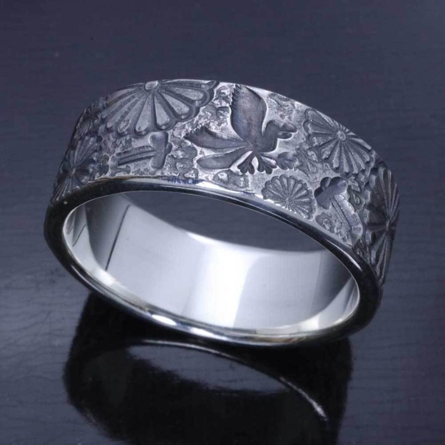 指輪 メンズ 龍頭 和 mixture ring 幅8mm 菊紋 八咫烏 金鎚 平打ち