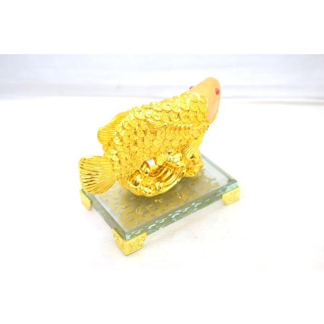 アロワナ 龍魚 樹脂製置物 中 金 ガラス台座 銭鱗 : 横浜中華街龍
