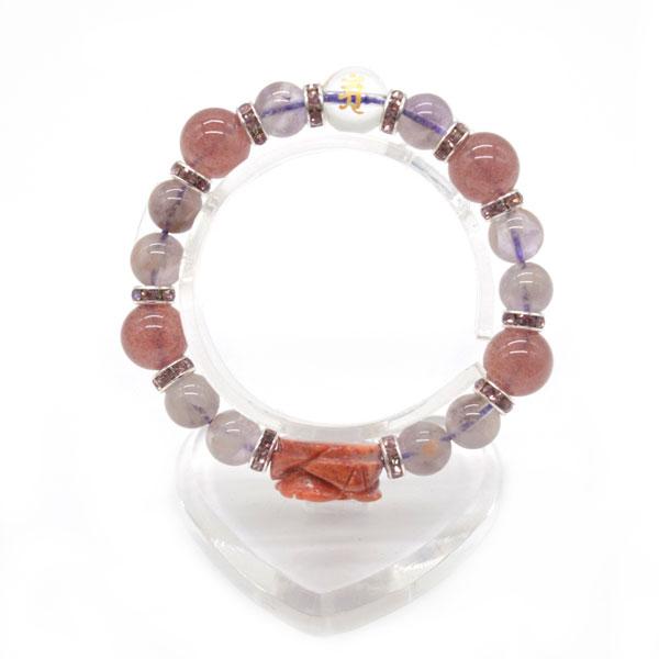 梵字選択式 金彫り梵字水晶 アップル珊瑚の薔薇付き ストロベリークオーツ アメジストファントム ロンデル 天然石ブレス 12mm玉 |  | 10