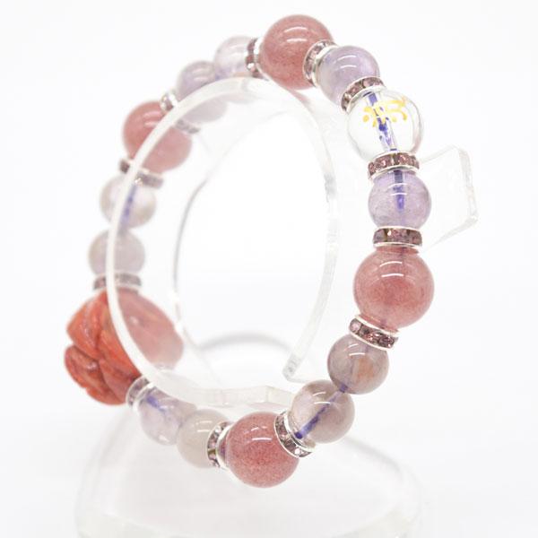 梵字選択式 金彫り梵字水晶 アップル珊瑚の薔薇付き ストロベリークオーツ アメジストファントム ロンデル 天然石ブレス 12mm玉 |  | 12