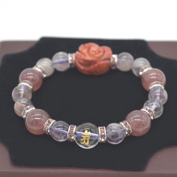 梵字選択式 金彫り梵字水晶 アップル珊瑚の薔薇付き ストロベリークオーツ アメジストファントム ロンデル 天然石ブレス 12mm玉 |  | 13