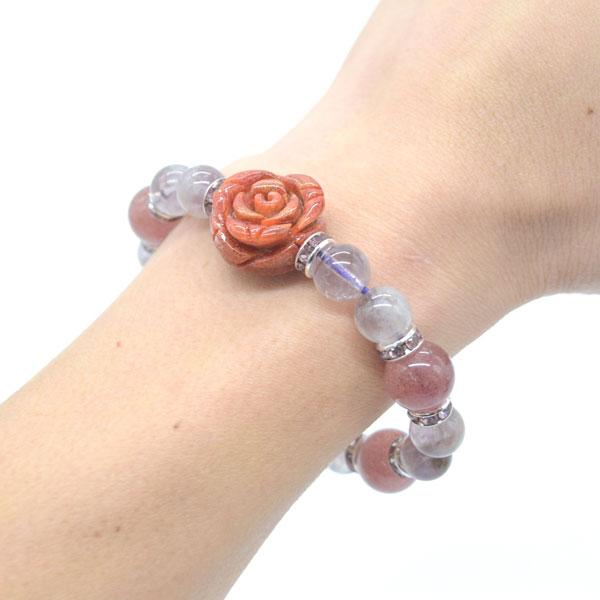 梵字選択式 金彫り梵字水晶 アップル珊瑚の薔薇付き ストロベリークオーツ アメジストファントム ロンデル 天然石ブレス 12mm玉 |  | 14