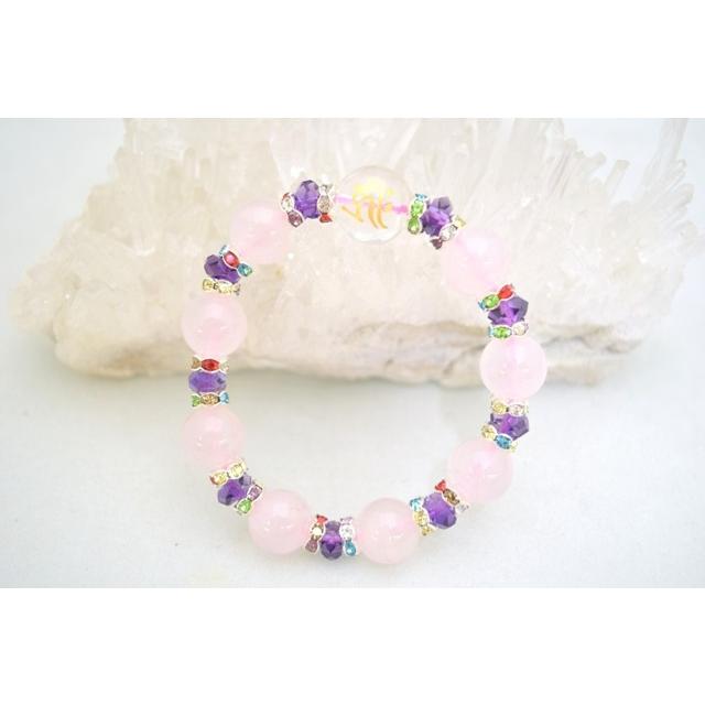 水晶 金彫り 梵字 ローズクォーツ カットアメジスト 天然石ブレスレット 14mm | 