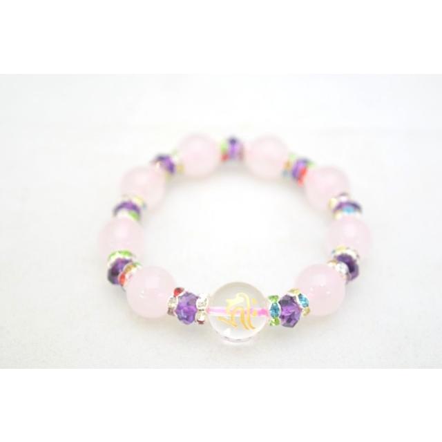 水晶 金彫り 梵字 ローズクォーツ カットアメジスト 天然石ブレスレット 14mm |  | 09