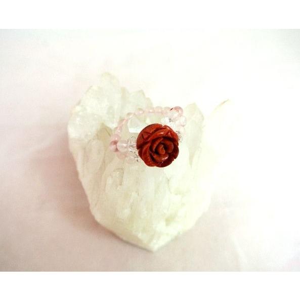 薔薇彫りサンゴ 珊瑚 コーラル 水晶 指輪 天然石リング 女性のお守り | 