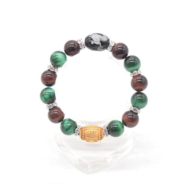 馬彫りオニキス 大黒天木製彫り物パーツ付き ブレスレット レッドタイガーアイ グリーンタイガーアイ 天然石アクセサリー 金運御守 | 