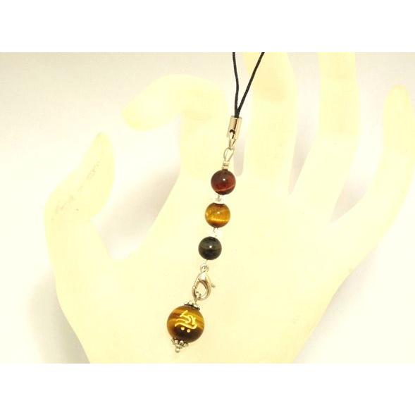 【メール便OK】 金彫梵字 虎目石 3色タイガーアイ 水晶 天然石ストラップ | 