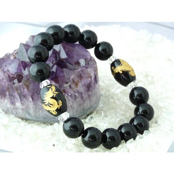 龍と鳳凰 金彫りブラックオニキス 運気UP 厄除け パワーストーンブレスレット | 