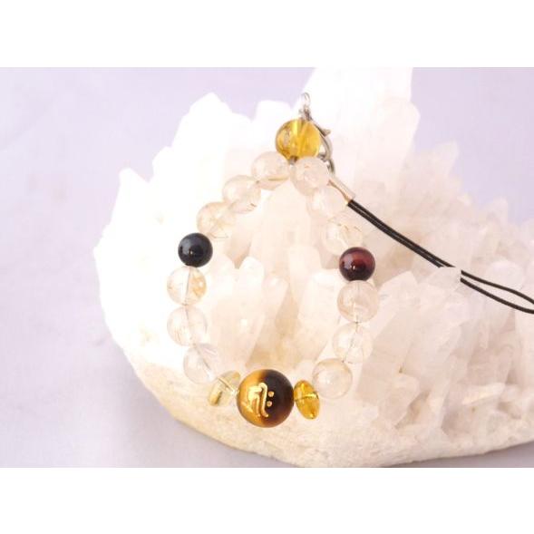 【メール便OK】金彫梵字 3色タイガーアイ ルチルクォーツ シトリン 天然石ストラップ | 