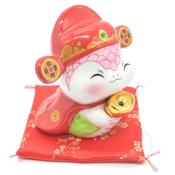 蛇 巳の置物 貯金箱 陶器製 13cm 敷物付き フルカラー ヘビ へび