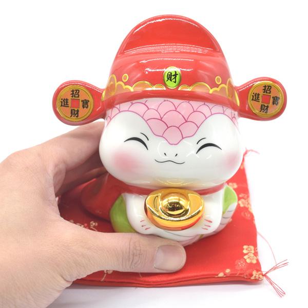 蛇 巳の置物 貯金箱 陶器製 13cm 敷物付き フルカラー ヘビ へび