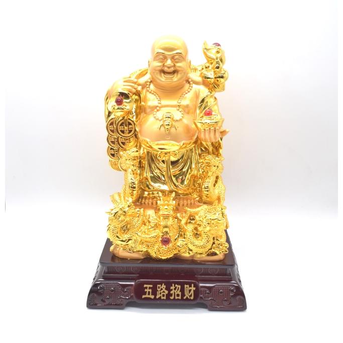布袋様 置物 笑佛 笑い仏 龍 如意棒 台座付き 樹脂製 金色 36cm : 横浜