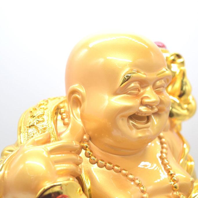 布袋様 置物 笑佛 笑い仏 龍 如意棒 台座付き 樹脂製 金色 36cm : 横浜