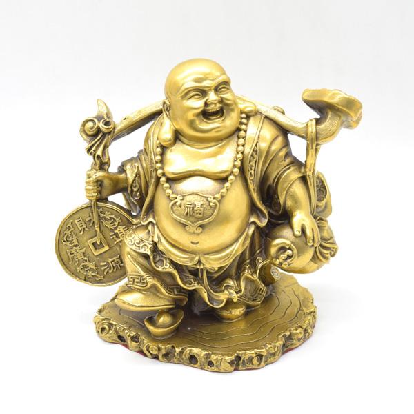 笑佛 布袋 置物 銅製 18cm 笑い仏 如意棒 古銭持ち 財源廣進 : 横浜