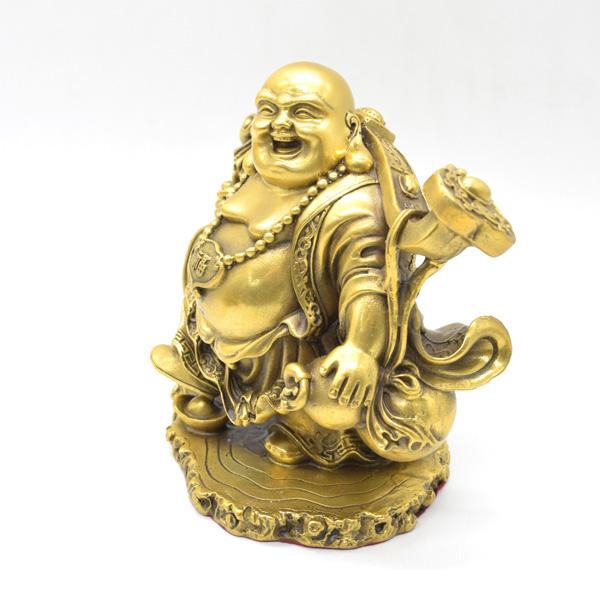 笑佛 布袋 置物 銅製 18cm 笑い仏 如意棒 古銭持ち 財源廣進 : 横浜