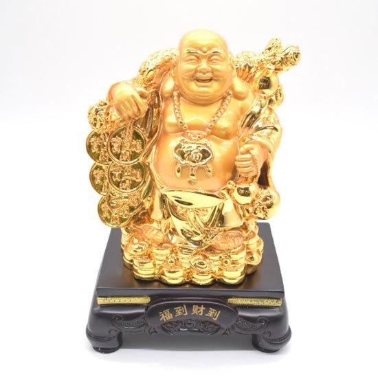 布袋様 置物 笑佛 笑い仏 如意棒 台座付き 樹脂製 金色 24cm : 横浜