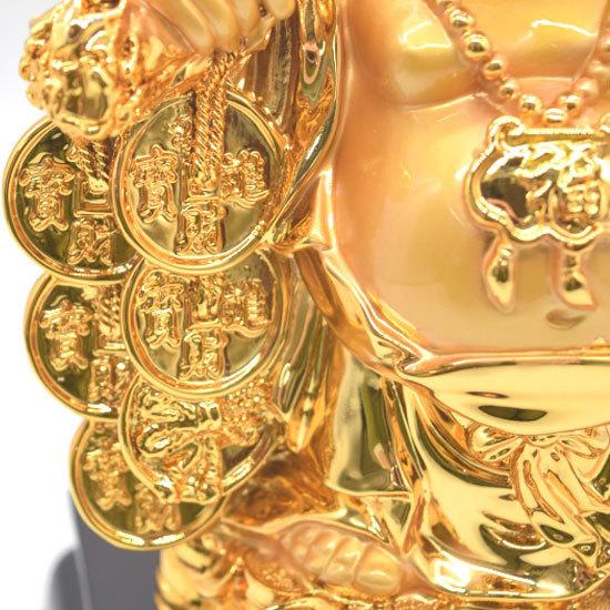 布袋様 置物 笑佛 笑い仏 如意棒 台座付き 樹脂製 金色 24cm