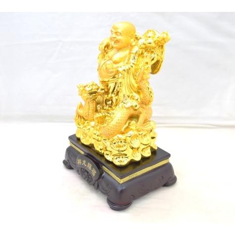 布袋様 置物 笑佛 笑い仏 龍 如意棒 台座付き 樹脂製 金色 24cm_1