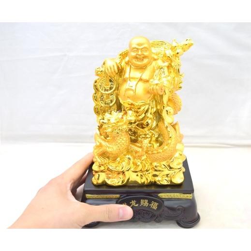 布袋様 置物 笑佛 笑い仏 龍 如意棒 台座付き 樹脂製 金色 24cm : 横浜  