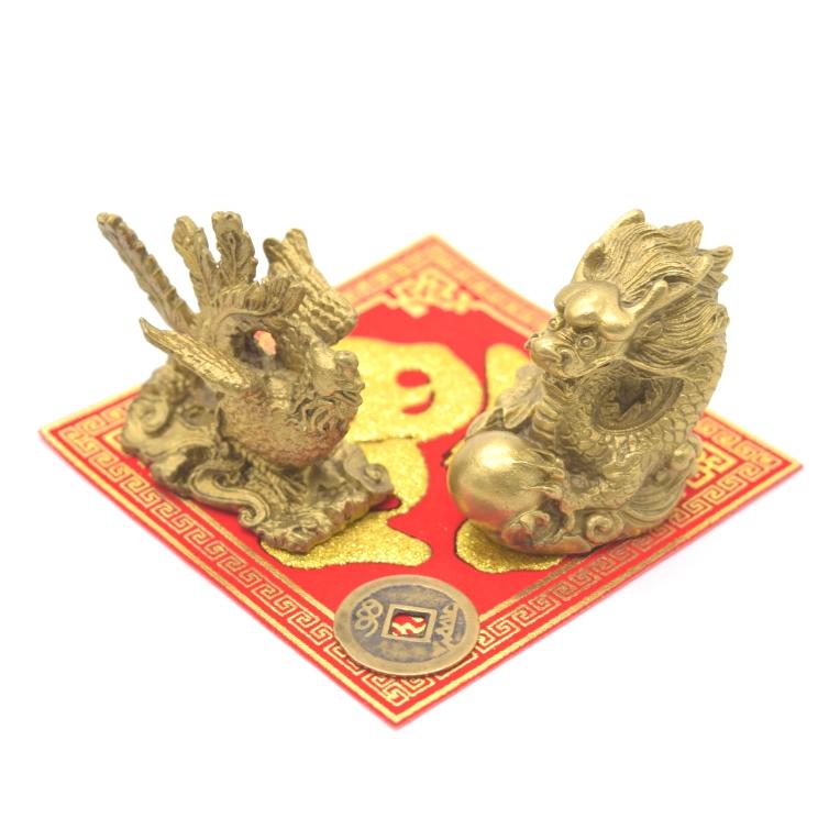 龍 鳳凰 銅製置物 ペアセット 横型 古銭 敷物付き 小 | 