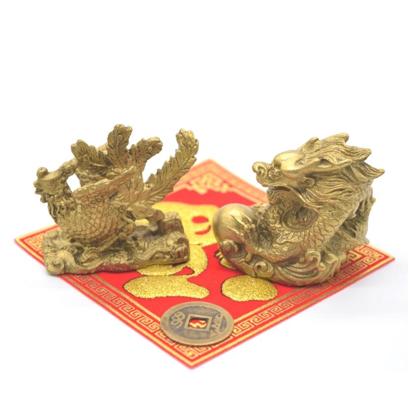 龍 鳳凰 銅製置物 ペアセット 横型 古銭 敷物付き 小 |  | 01