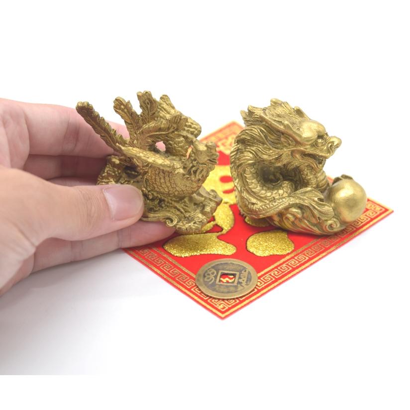 龍 鳳凰 銅製置物 ペアセット 横型 古銭 敷物付き 小 |  | 02