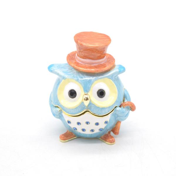 フクロウ 七宝焼き 小物入れ 7cm 金属製置物 ラインストーン装飾付き 水色 ライトブルー シルクハット | 