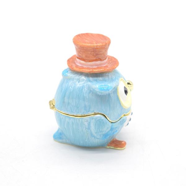 フクロウ 七宝焼き 小物入れ 7cm 金属製置物 ラインストーン装飾付き 水色 ライトブルー シルクハット |  | 03