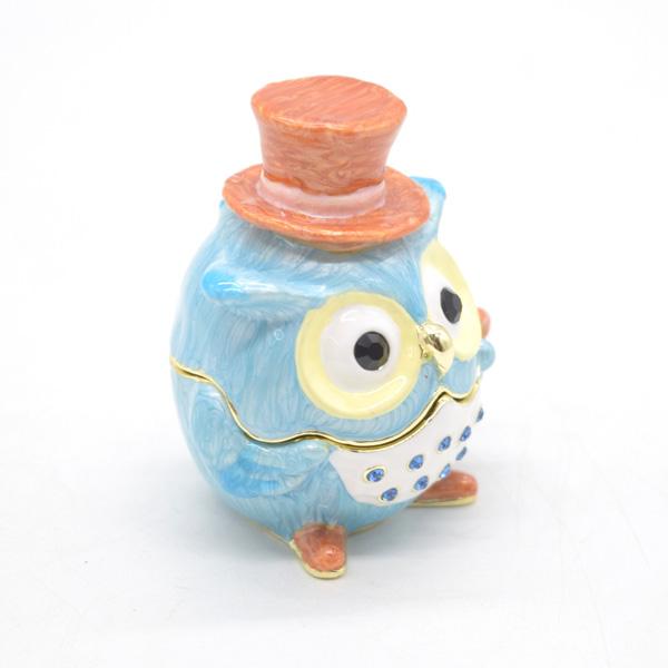 フクロウ 七宝焼き 小物入れ 7cm 金属製置物 ラインストーン装飾付き 水色 ライトブルー シルクハット |  | 04