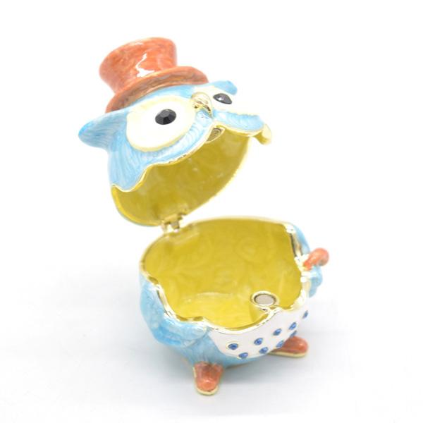 フクロウ 七宝焼き 小物入れ 7cm 金属製置物 ラインストーン装飾付き 水色 ライトブルー シルクハット |  | 05